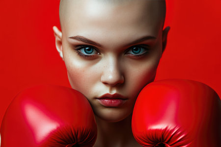 Strong Female Boxer with Red Gloves on Bold Red Backdropの素材