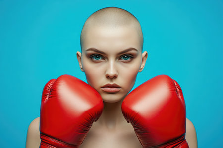 Detailed Portrait of Bald Woman in Red Boxing Glovesの素材