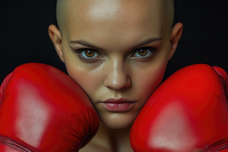Young Bald Woman with Boxing Gloves, Intense Gazeの素材