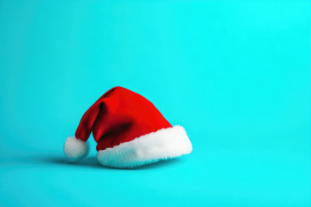 Holiday Cheer: Red Christmas Hat Against Blue Backgroundの素材