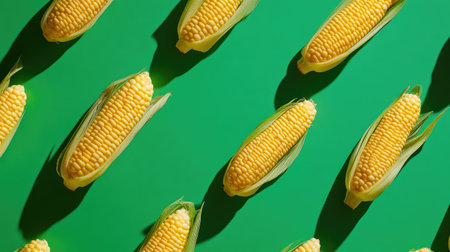 Vivid Corn Pattern with Detailed Shadows and Green Backgroundの素材
