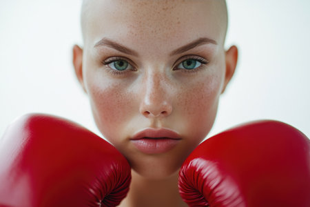 Powerful Female Boxer with Red Boxing Gloves on White Backgroundの素材