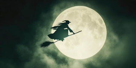 Haunting Silhouette of a Witch on Broomstickの素材