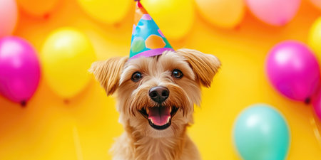 Smiling Puppy in Party Hat Amongst Bright Balloonsの素材