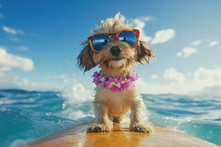 Playful Dog in Sunglasses on Waves, Cloudy Blue Skyの素材