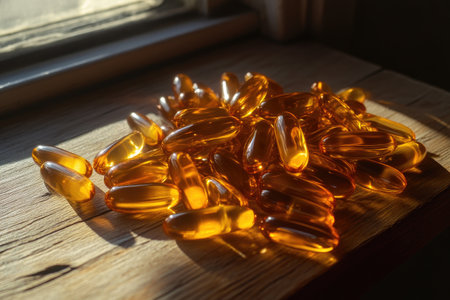 Golden Fish Oil Capsules Glowing in Natural Lightの素材