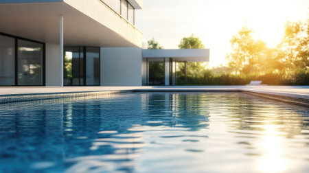 Modern Property House Behind Sunlit Pool Detailの素材