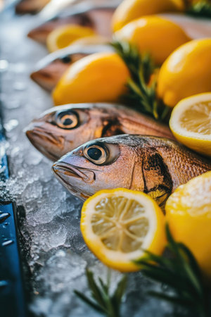 Fresh Fish on Ice with Lemon Slices and Rosemary Sprigsの素材