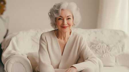 Stylish older woman seated on cozy white sofaの素材