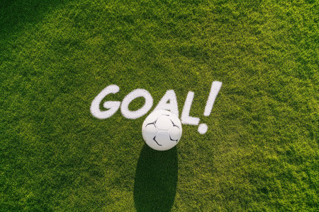 Soccer Ball on Stadium Turf, Goal Text in Whiteの素材