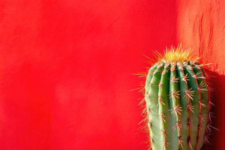 Bright Red Backdrop Enhancing Cactus Shadows and Detailsの素材