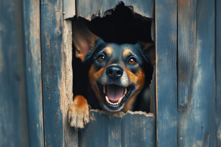 Dangerous Dog's Face Peering Through Fenceの素材