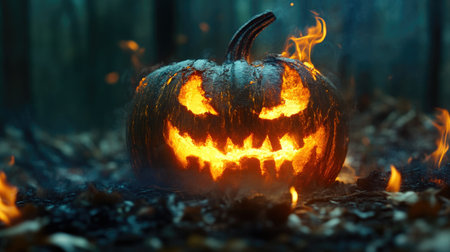 Creepy Pumpkin Face Flickering in a Dark Green Forest Sceneの素材