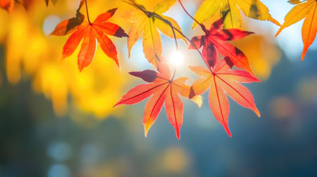 Detailed Fall Maple Leaves Illuminated by Sunlightの素材