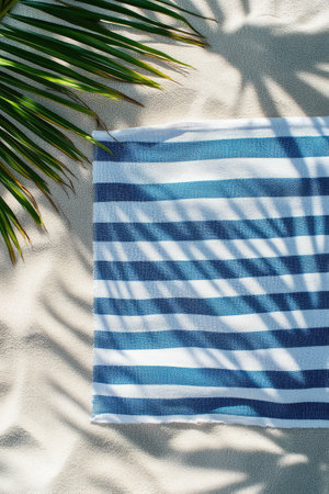 Colorful Striped Beach Towel on Sandy Shoreline with Palm Leavesの素材