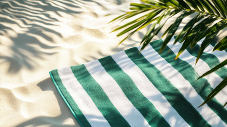 Close-Up of Striped Green Towel on Sandy Shoreの素材