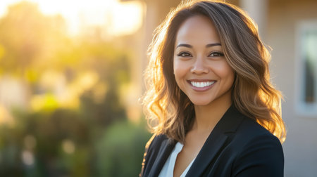 Real Estate Professional Smiling in Front of House for Saleの素材