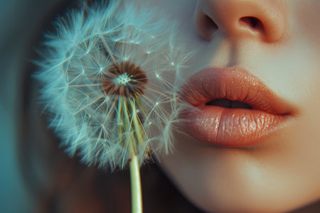 Woman Blowing Dandelion Seeds Against a Sky Blue Canvasの素材