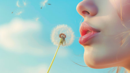 A Woman's Close-Up of Lips Blowing Dandelions with a Calm Blue Backgroundの素材