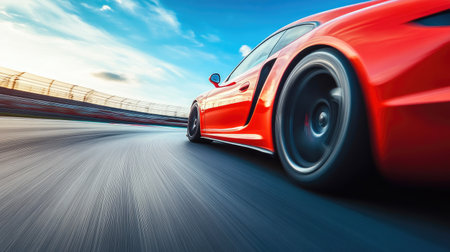 High-Speed Racing Action with a Vibrant Blue Sky Backdropの素材