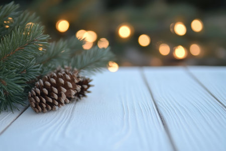 Wooden Surface Adorned with Pine and Soft Glowing Lightsの素材