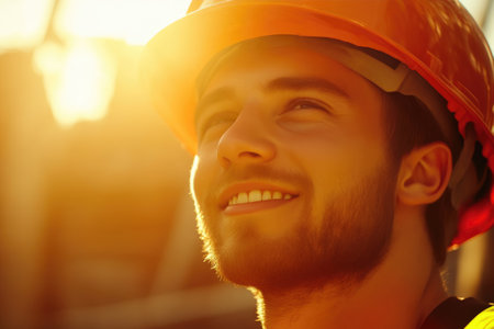 Brightly Lit Scene of Young Laborer Smiling on Job Siteの素材