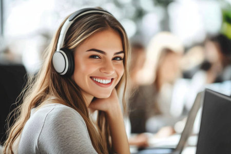 Positive Customer Support Specialist Assisting Clients with Laptopの素材