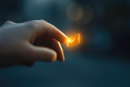 Shiny Metallic Envelope Button Clicked by a Glowing Handの素材