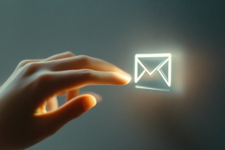 Close-Up of a Glowing Hand Pressing a Metallic Envelope Iconの素材