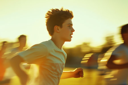 Close-Up of Friends in a Playful Sprint Across the Fieldの素材