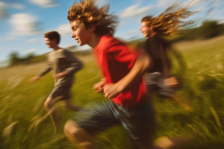 Adventurous Friends Running Wildly in a Sunlit Fieldの素材