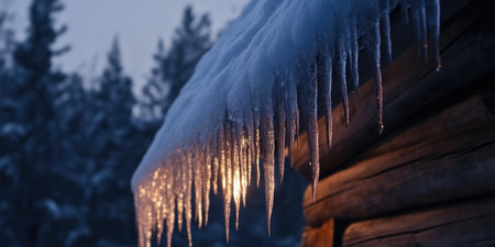 Close-Up of Glimmering Icicles from a Homeの素材