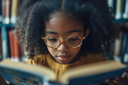 Curious young black girl reading a bookの素材