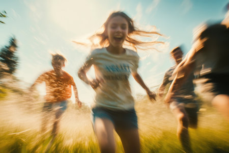 Close-Up of Excited Teens in Motion on a Summer Dayの素材
