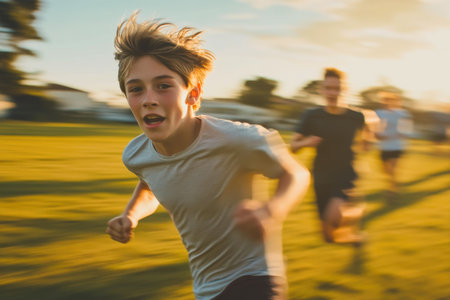 Group of Friends Running Fast in an Open Meadowの素材