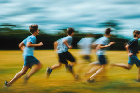 Energetic Capture of Friends Racing Across a Sunlit Fieldの素材