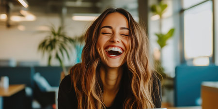 Bright Office Atmosphere with Happy Female Employeeの素材