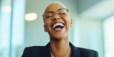 Joyful Woman Engaged in Work on Laptopの素材