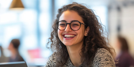 Bright and Inviting Office with Laughing Womanの素材