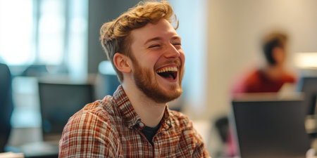 Lively Office Environment with Joyful Female Employeeの素材