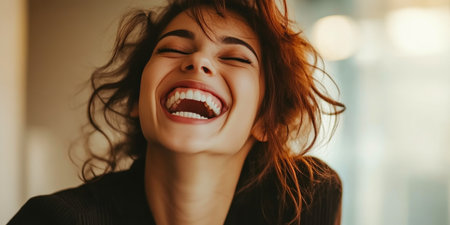 Cheerful Office Scene with a Smiling Womanの素材
