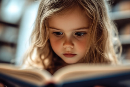 Child Girl Focused on Book Reading in Quiet Library Environmentの素材