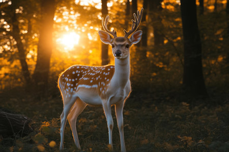 Elegant Deer in a Peaceful Forest Sunsetの素材
