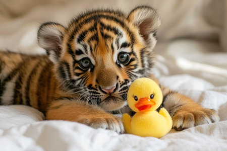 Playful Tiger Cub Cuddling with Yellow Duck Toyの素材