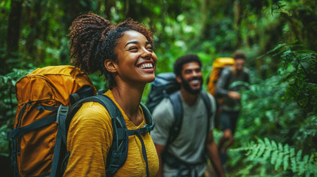 Adventurous Duo Trekking Through Vibrant Wildernessの素材