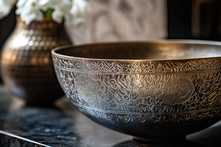 Artisan-Crafted Metal Bowl with Stunning Decorative Elementsの素材