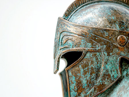 Classic Greek Warrior Helmet Displayed on White Canvasの素材