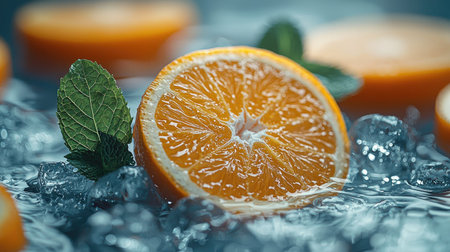 Fresh Orange Slices and Mint Leaves in Clear Waterの素材