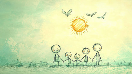 Delightful Family Scene with Birds and Sunの素材
