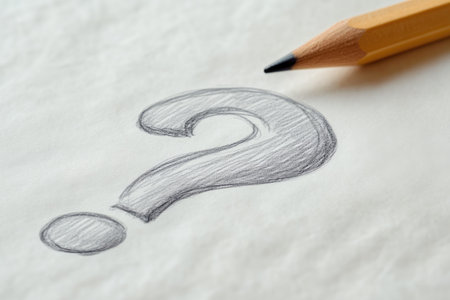 Close-up of Hand-drawn Question Mark with Pencil on White Paperの素材